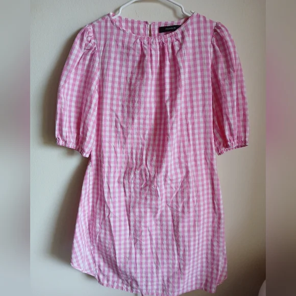 Fashion- Pink Gingham Elbow Sleeves with Wrap Waist Front/Side Tie Dress - Picture 1 of 11
